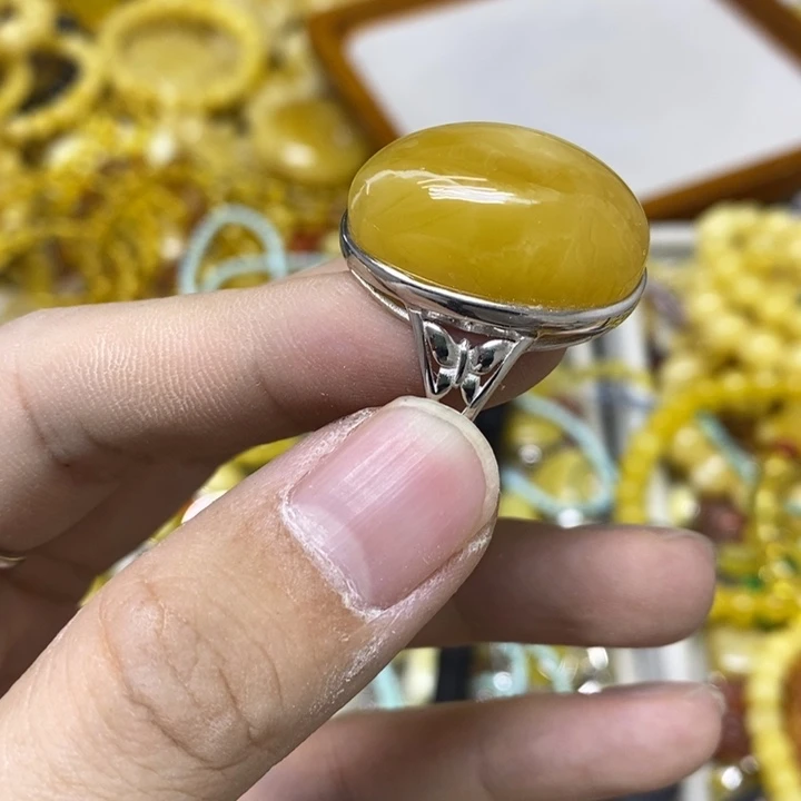 蜜蜡银S925镶嵌裸石戒指