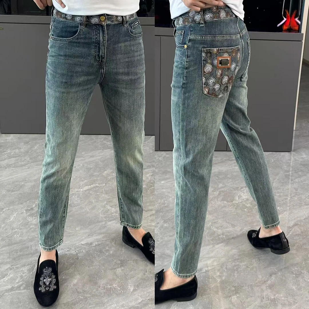 牛仔裤男春季新款长裤修身显瘦个性舒适小脚裤时尚百搭印花裤子男