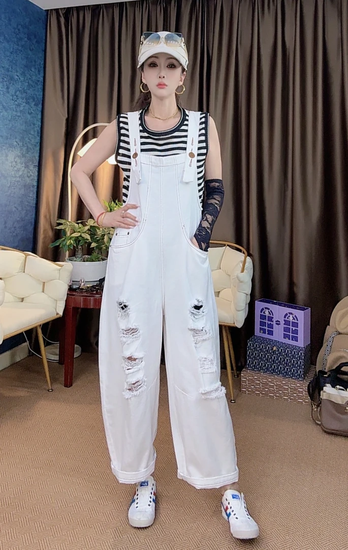 夏季破洞背带牛仔裤九分裤63851