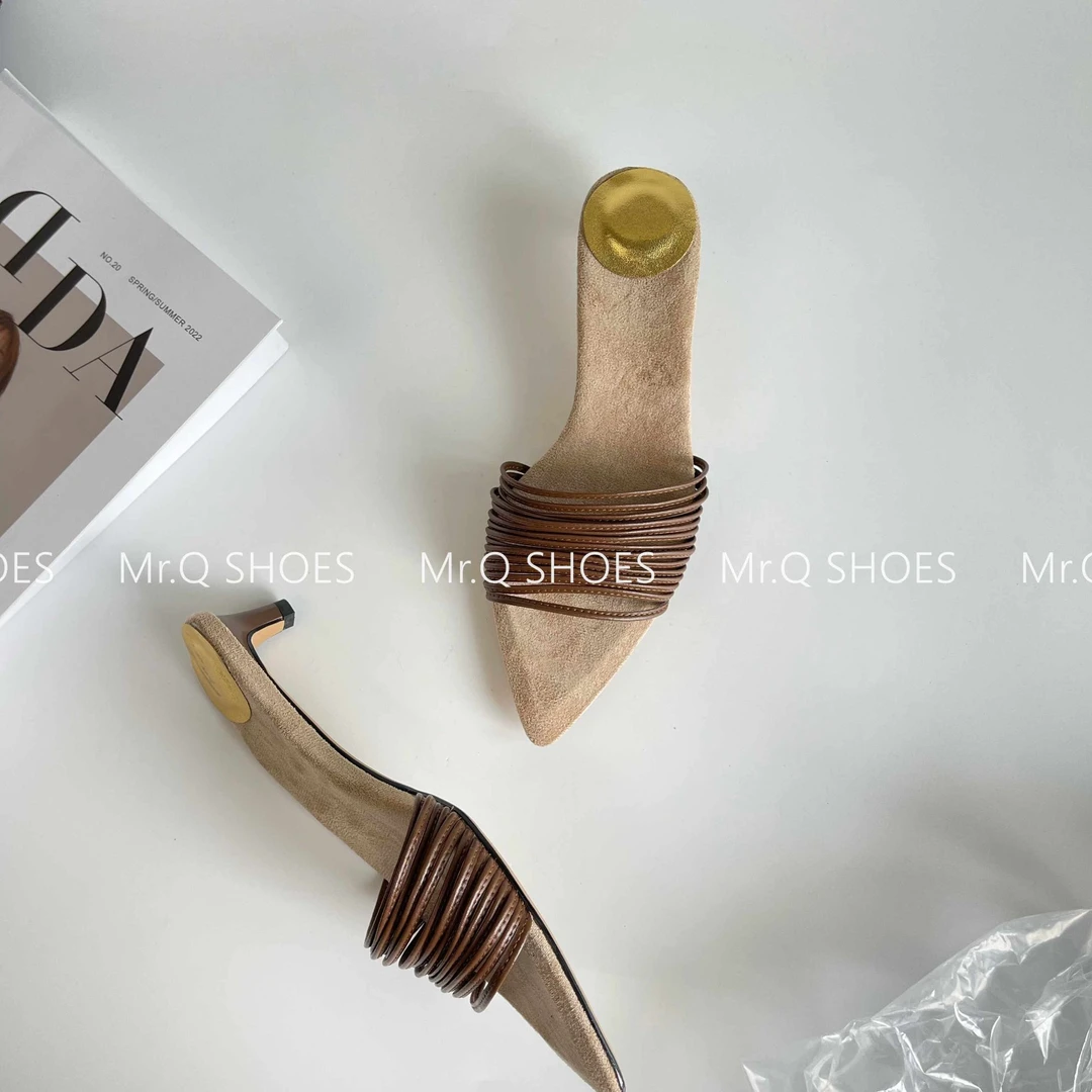 34-40码/跟高3.5cm/黑棕/优雅编织尖头小猫跟不累脚露趾穆勒拖