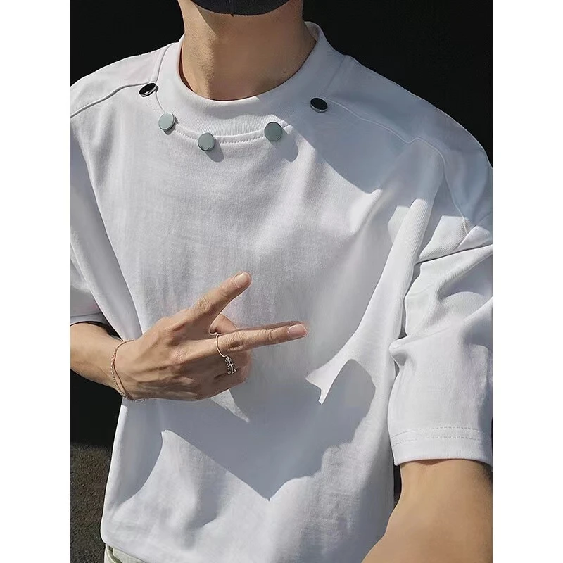 美式凉感垫肩T恤男款春夏季纽扣设计高级感短袖宽松廓形半袖体恤