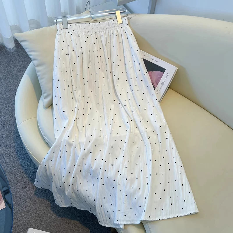 拉夏贝尔通勤高腰薄款半身裙2025春秋白色松紧高腰显瘦波点中长裙