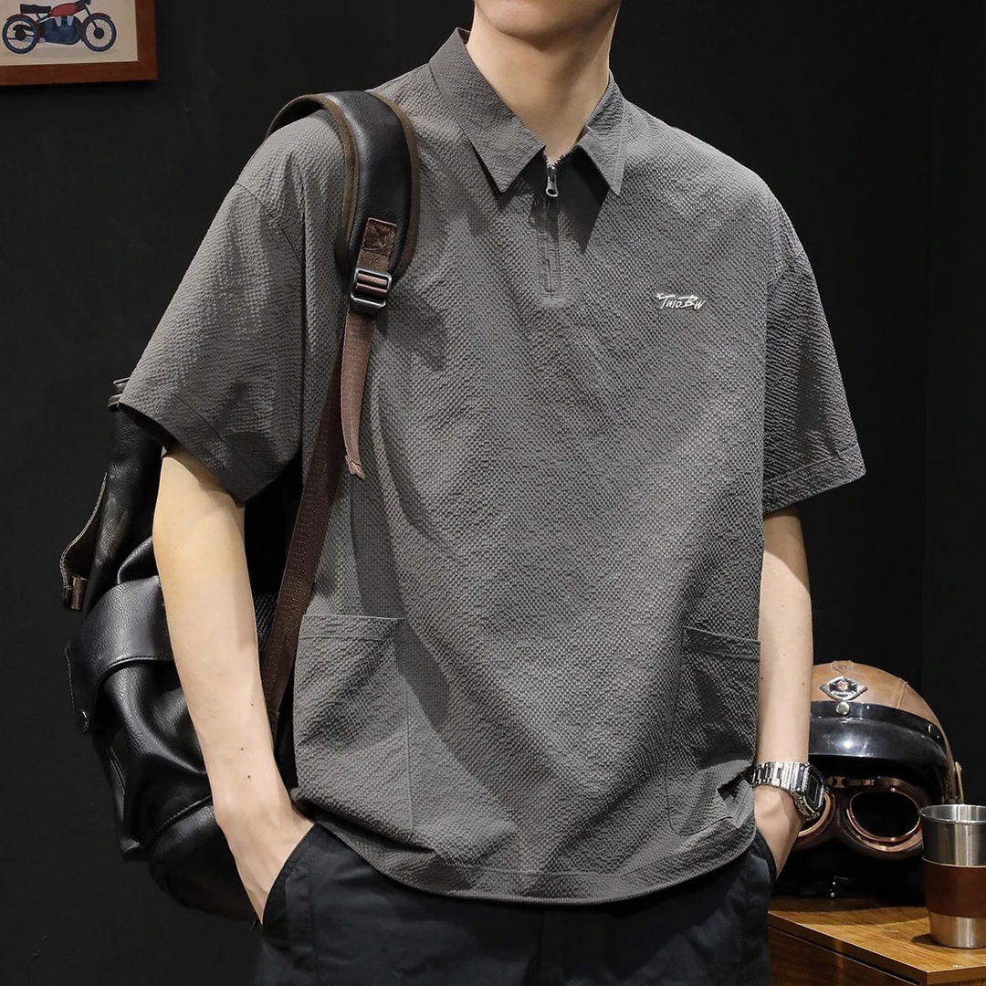 潮龛拉链polo衫男短袖t恤男士夏季潮牌2025新款口袋体恤美式户外