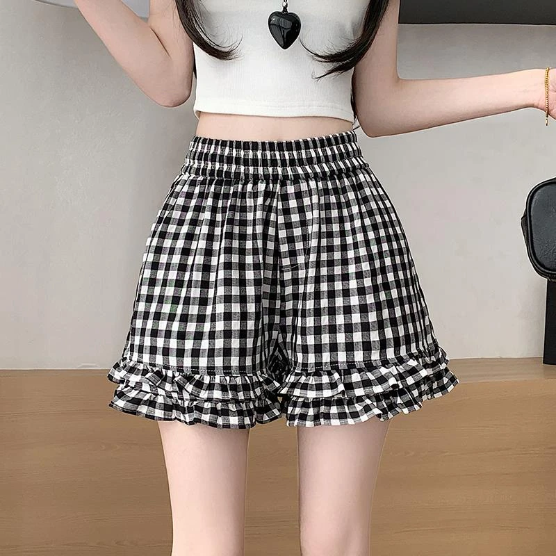 黑白格子荷叶边短裤女夏季2025新款松紧腰学院风直筒阔腿打底热裤