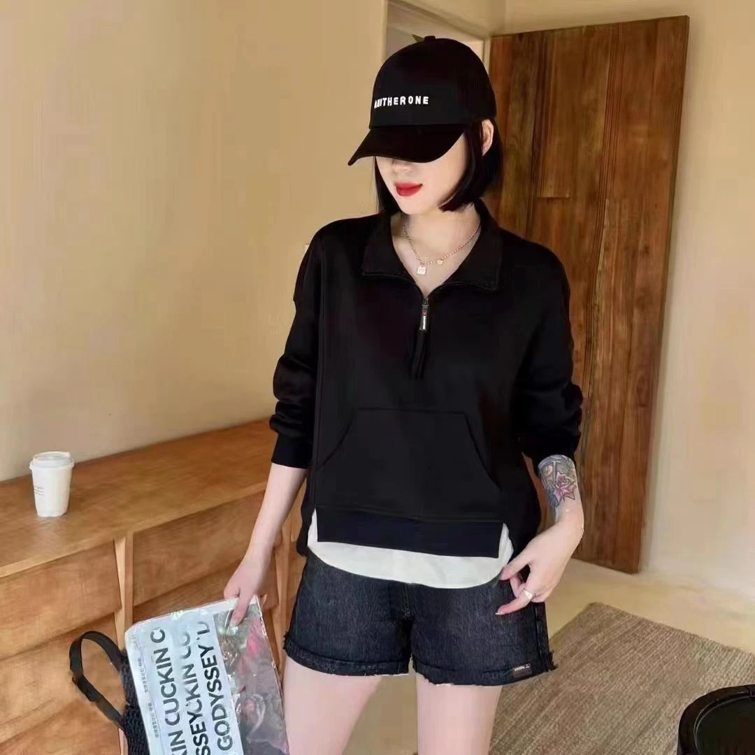 L313设计感拉链立领套头卫衣女2025春秋宽松减龄拼接假两件上衣