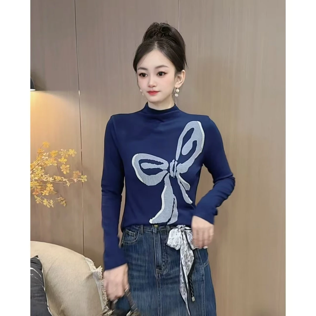 【6333】新品时尚洋气半高领百搭休闲纯色印花弹力上衣上衣