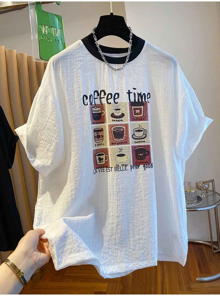 2025新款夏季休闲风白色印花气质t恤女短袖宽松休闲薄款时尚上衣