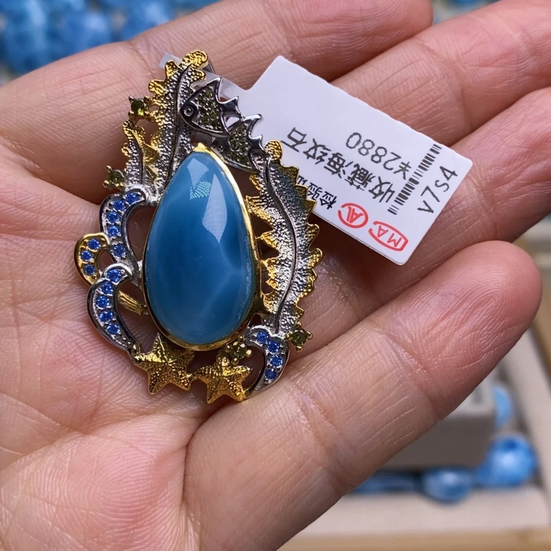 针钠钙石（海纹石）银S925镶嵌颈饰C****g