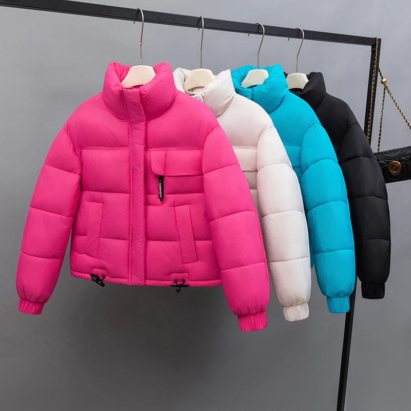 泡芙棉服女2025秋冬新短款韩版立领小个子时尚加厚亮色棉袄外套