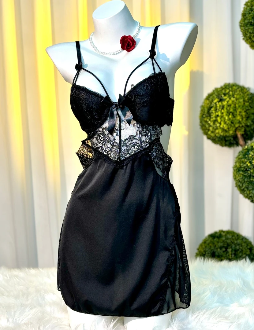（挚爱）黑色蕾丝带胸垫性感女士纯欲风小众连衣睡裙