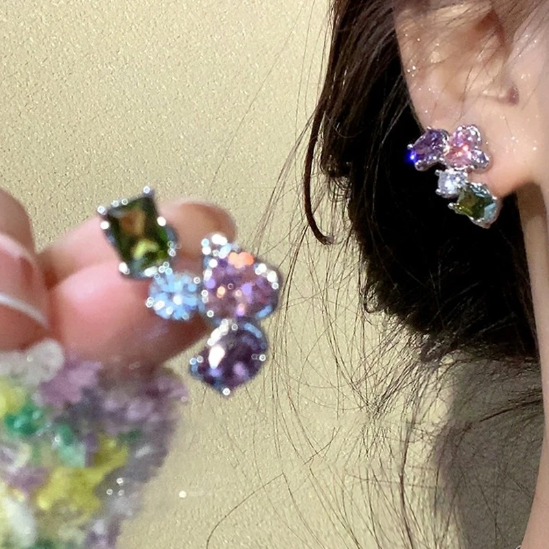 合金合成锆石耳饰 彩色花朵爆款气质耳紫色甜美