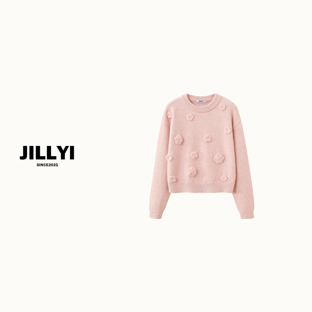 JILLYI珠海店【樱花颂语】粉色圆领立体小花装饰少女风时尚百搭针织