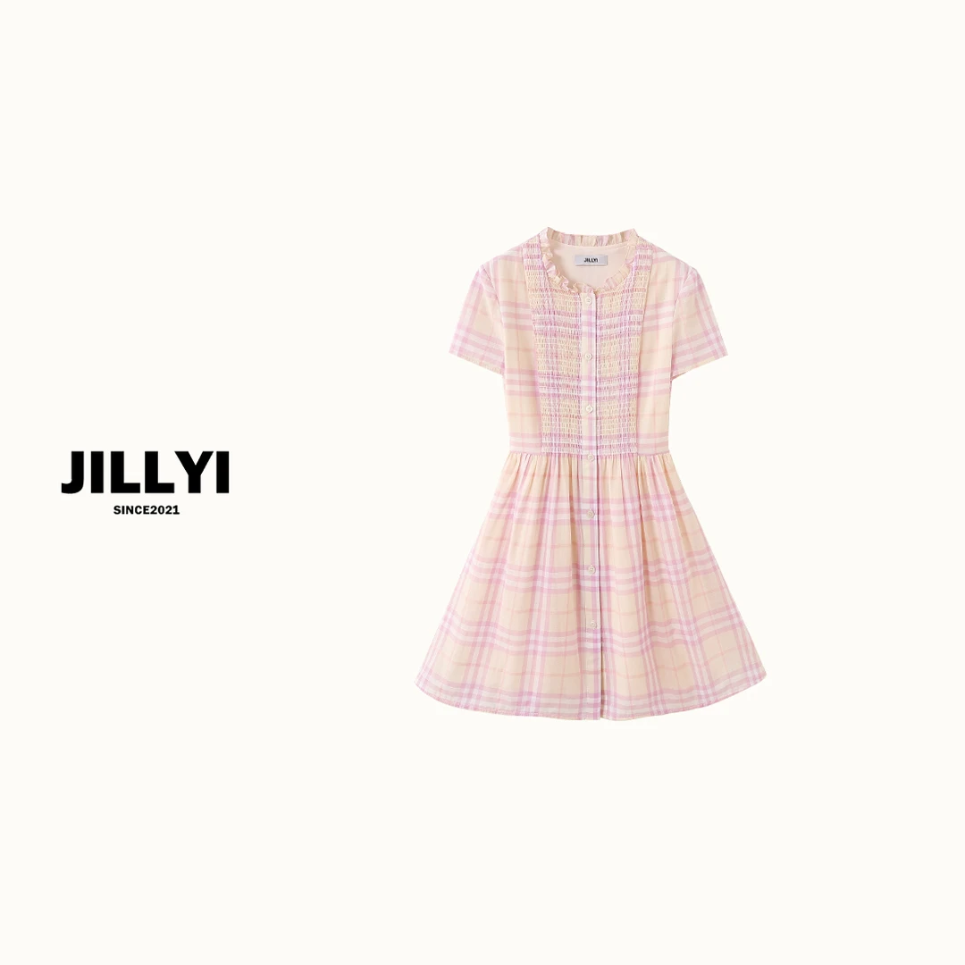 JILLYI珠海店【甜美白桃】桃粉色格子圆领少女风连衣裙夏季甜美时尚