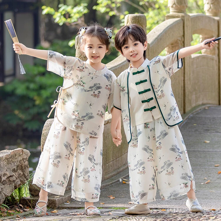 （两小无猜）汉服短袖中国风中秋套装刺绣春夏款古风幼儿园表演服