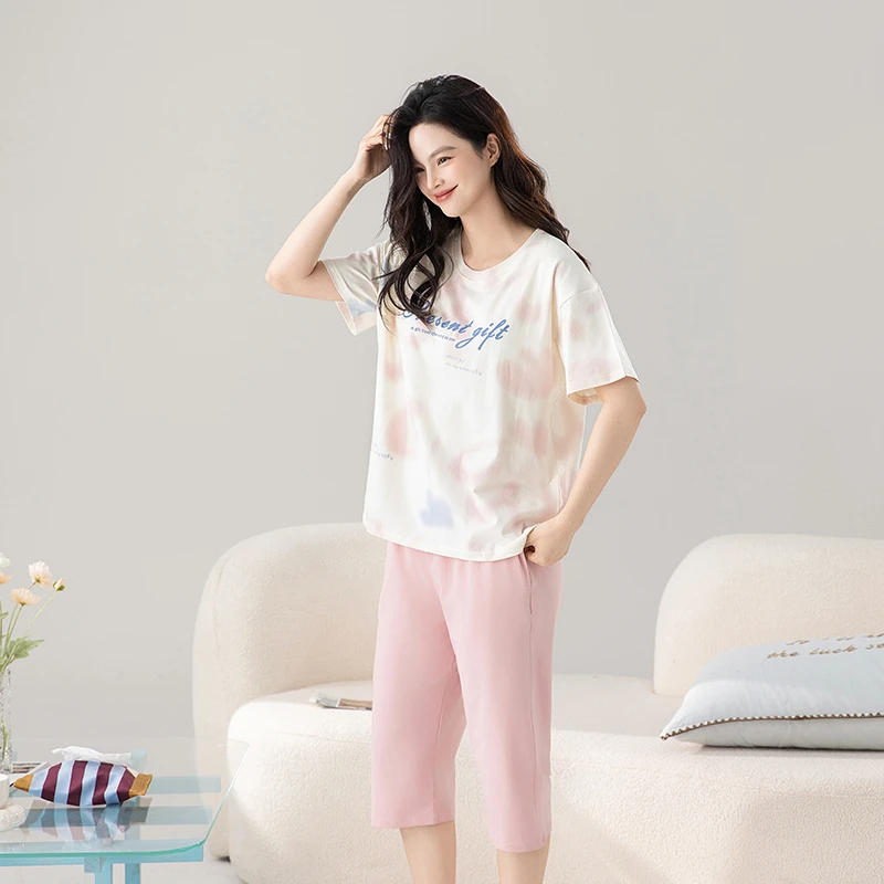女士睡衣夏季短袖七分裤纯棉拉架棉爽棉薄款套装加大码休闲家居服