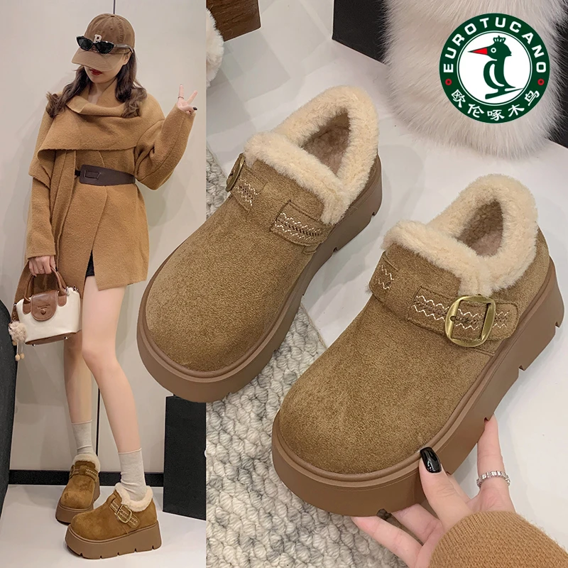 欧伦啄木鸟冬季加绒勃肯鞋女2025新款厚底增高6cm保暖雪地靴棉鞋