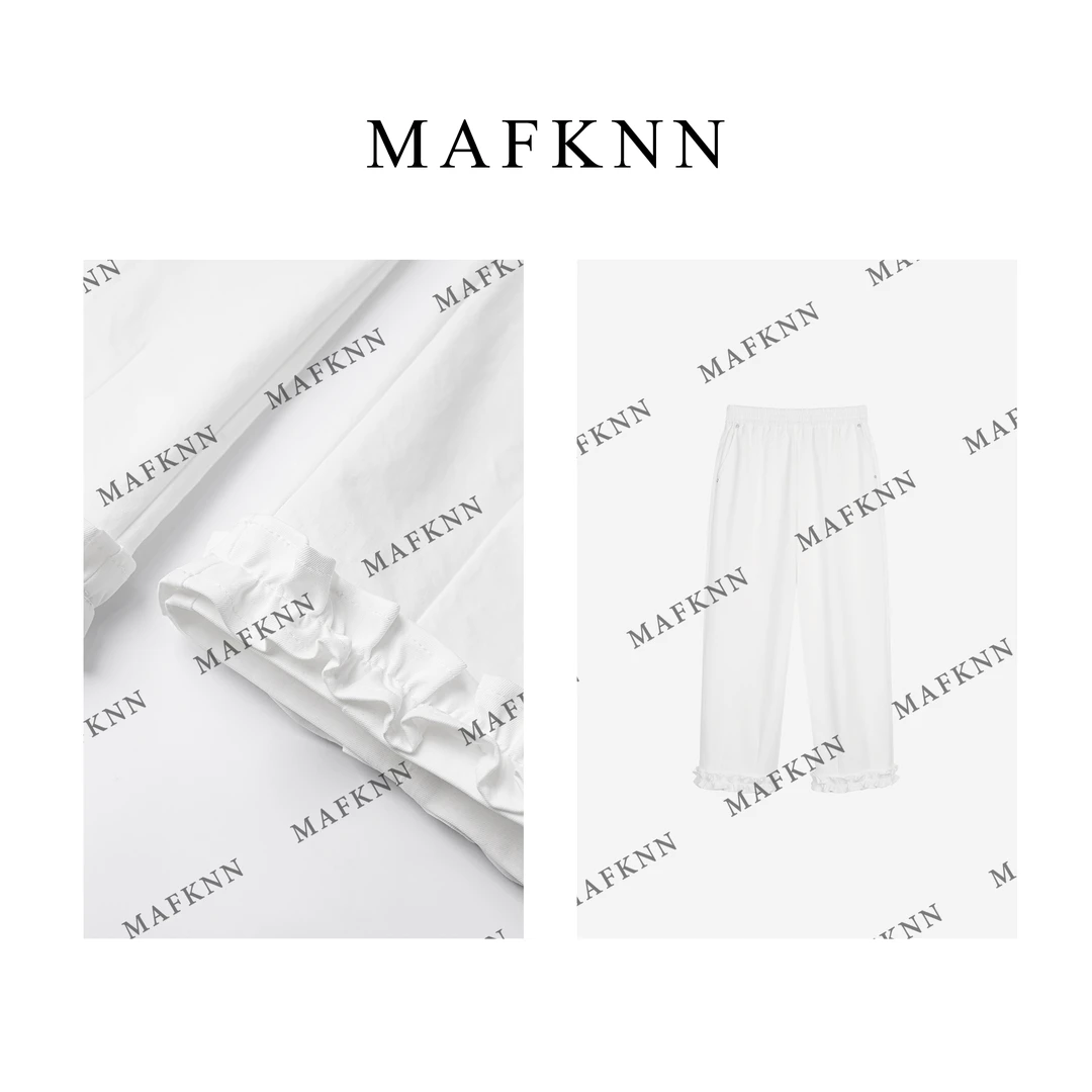 MAFKNN/玛肯时尚休闲简约纯色松紧腰裤脚花边休闲裤MK11930