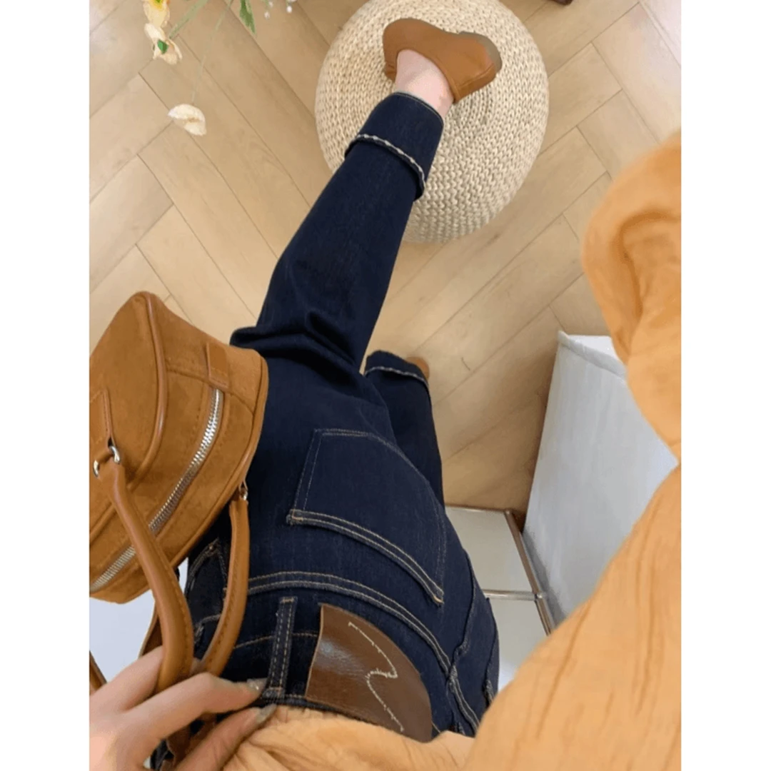 大码冬季款卷边显瘦牛仔裤女梨形身材高腰宽松显瘦百搭九分直筒裤