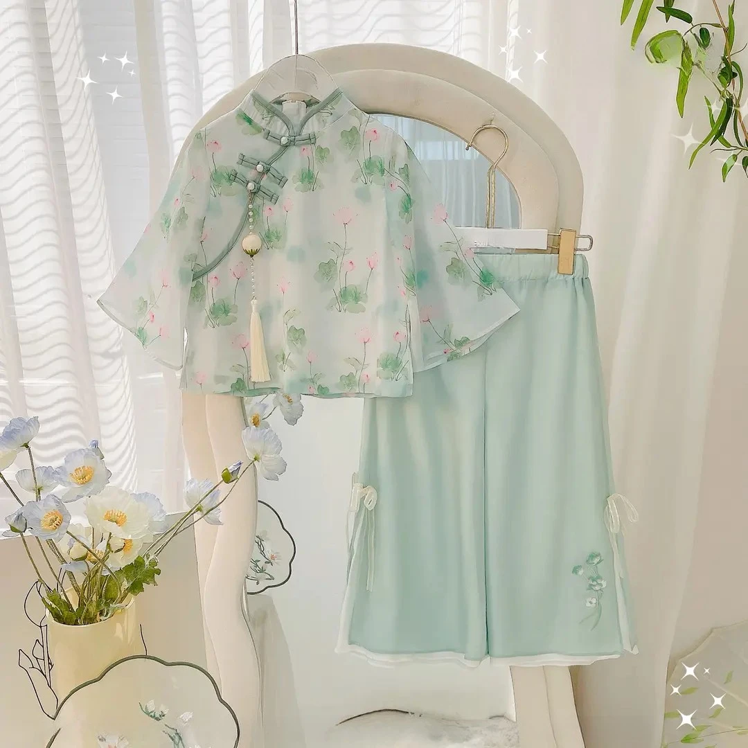 女童夏季汉服套装2025新款儿童新中式国风马面裙荷花阔腿裤两件套
