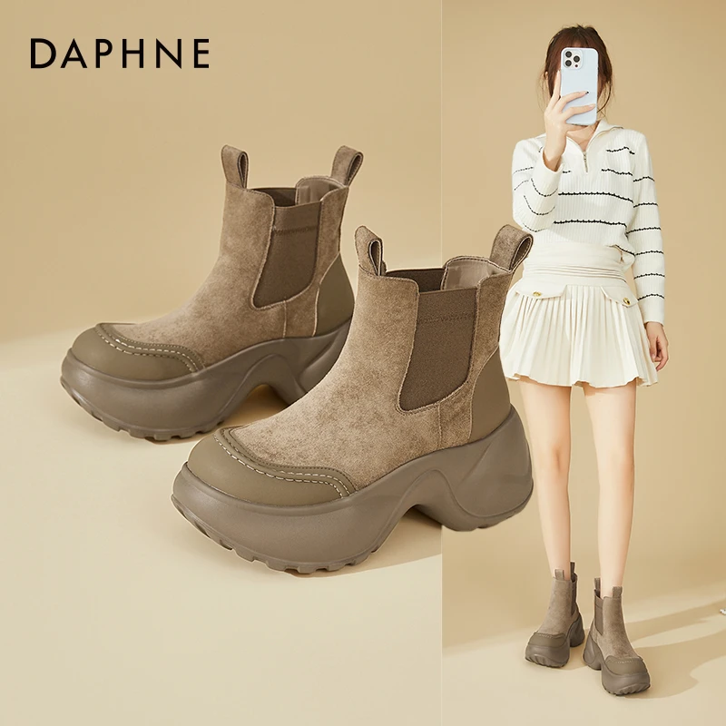 Daphne/达芙妮设计感切尔西靴女厚底西部靴百搭休闲瘦瘦靴小短靴