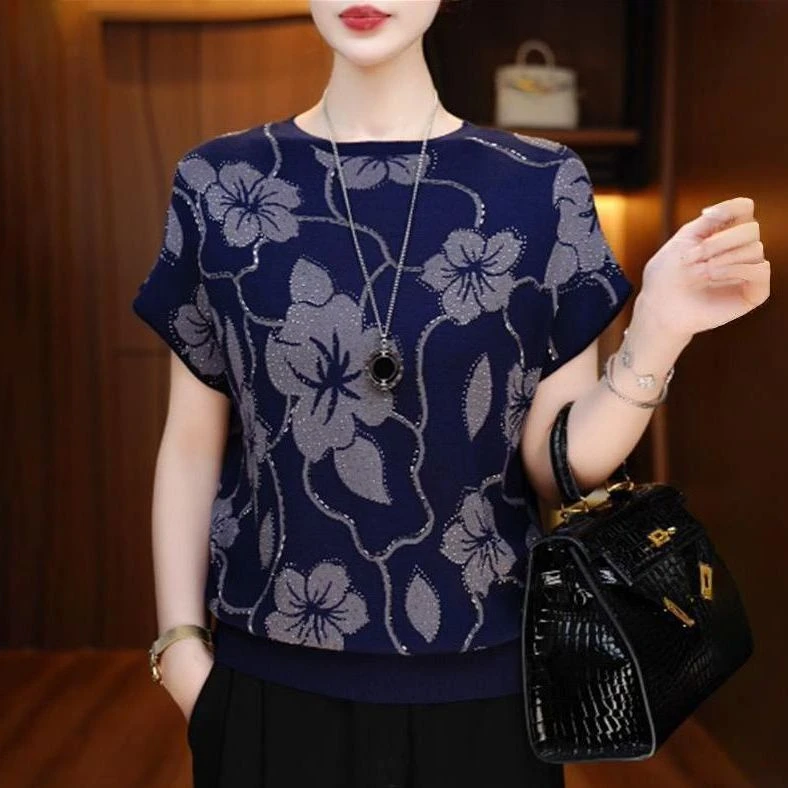 2025新款大码烫钻透气套头印花圆领针织衫时尚夏季短袖上衣小衫女