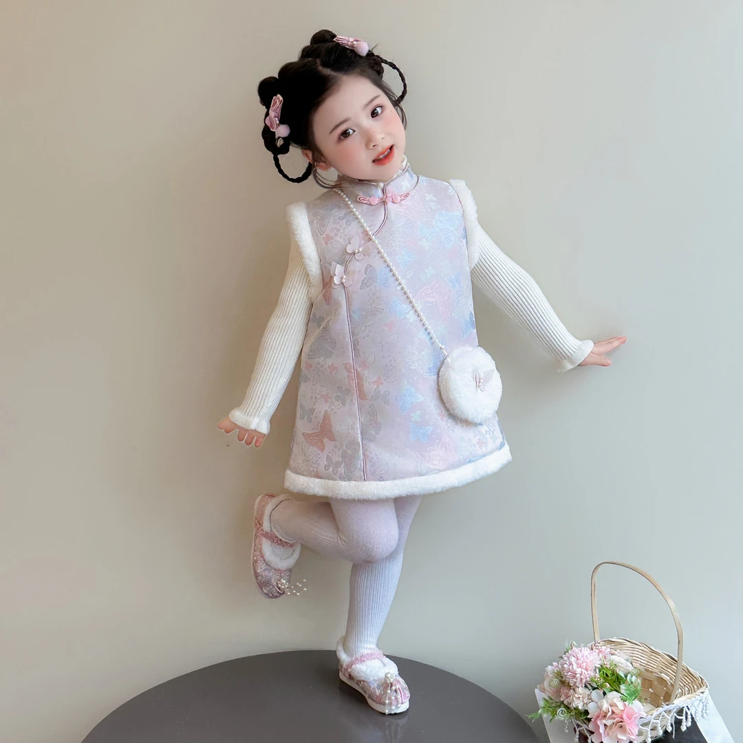 女童套装裙夹棉加厚2025新款儿童冬装女宝宝中式国风公主裙两件套