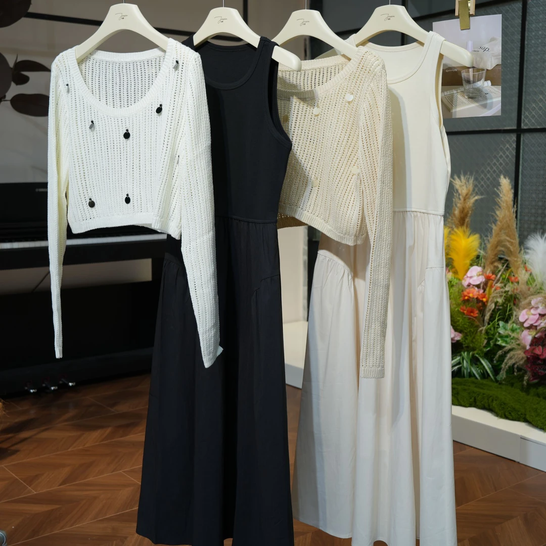 【墨香笺】春季新款爆款印珠针织衫拼接连衣裙套装LYF025046-7073