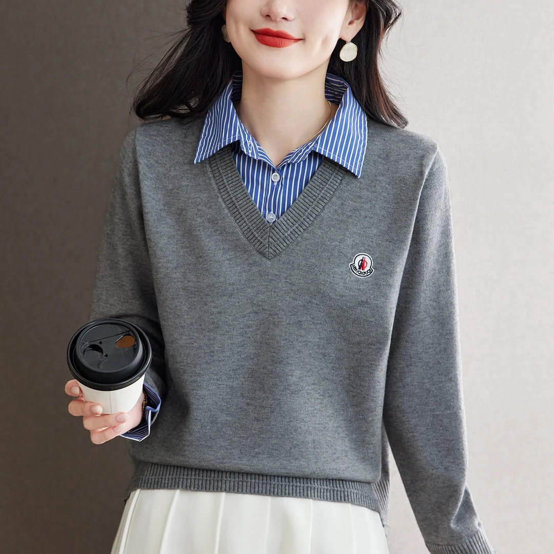 假两件针织衫秋冬内搭2025新款衬衣领打底衫短款时尚减龄毛衣女士