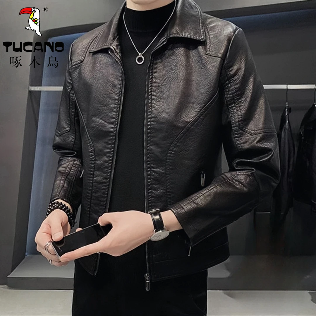 TUCANO/啄木鳥皮衣男士新款翻领机车服百搭 皮夹克外套加绒春秋季