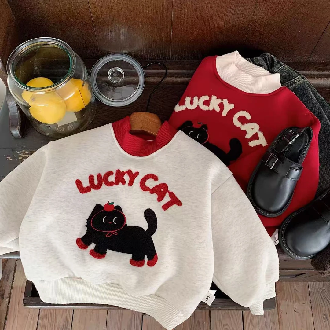 2025新款撞白红卫衣童装上衣圆领套头春秋季儿童洋气卡通卫衣打底