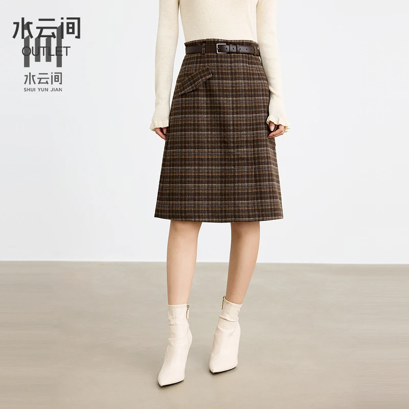 【半身裙】水云间绵羊毛复古格纹半身裙女秋冬高腰开叉12240201