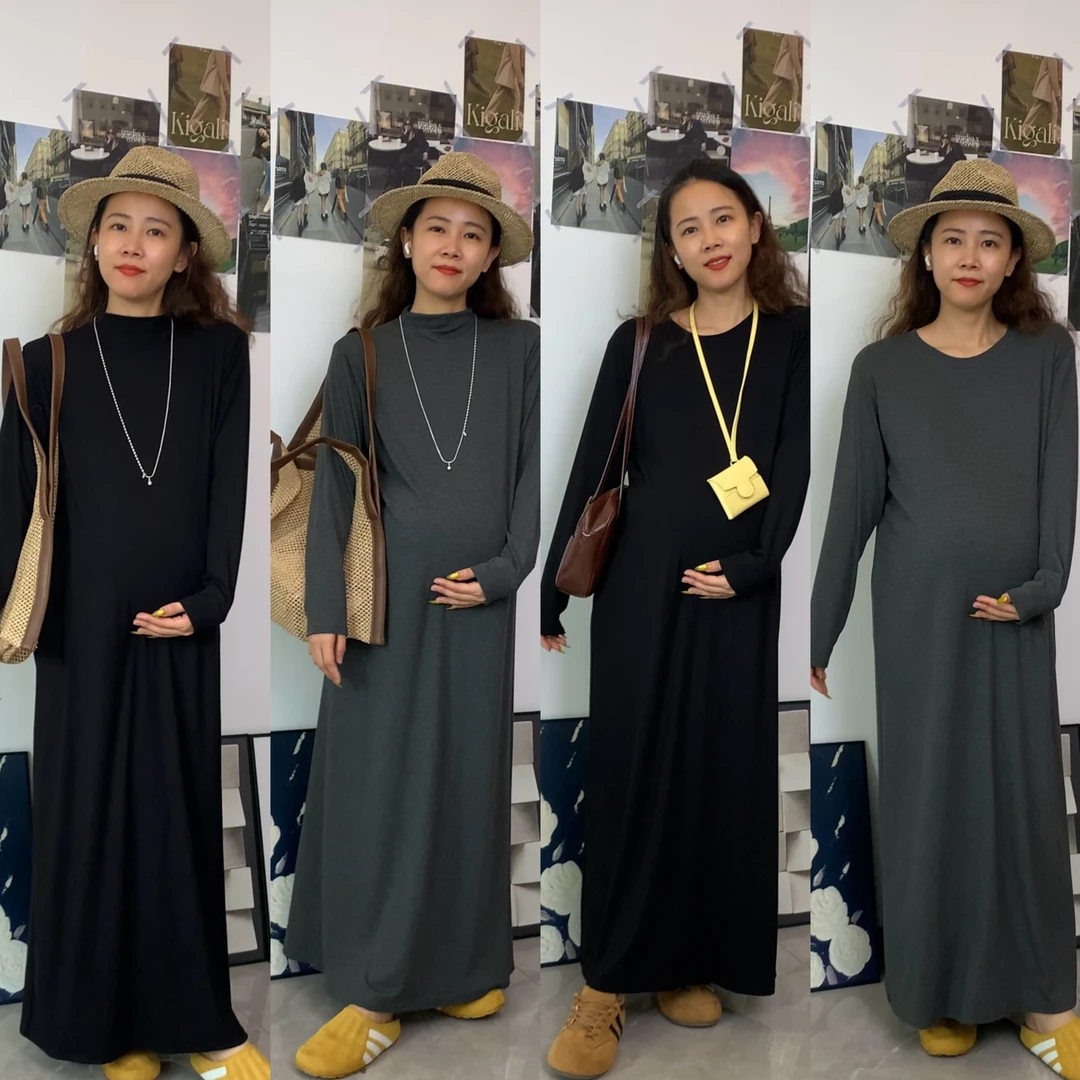 穿到255斤孕妇装秋冬新款纯色宽松长袖气质显瘦过膝中长款连衣裙