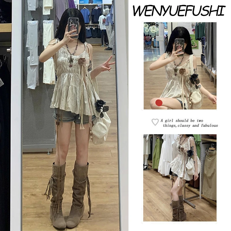 夏季套装女装气质两件套波西米亚度假风吊带时尚牛仔裙裤两件套装