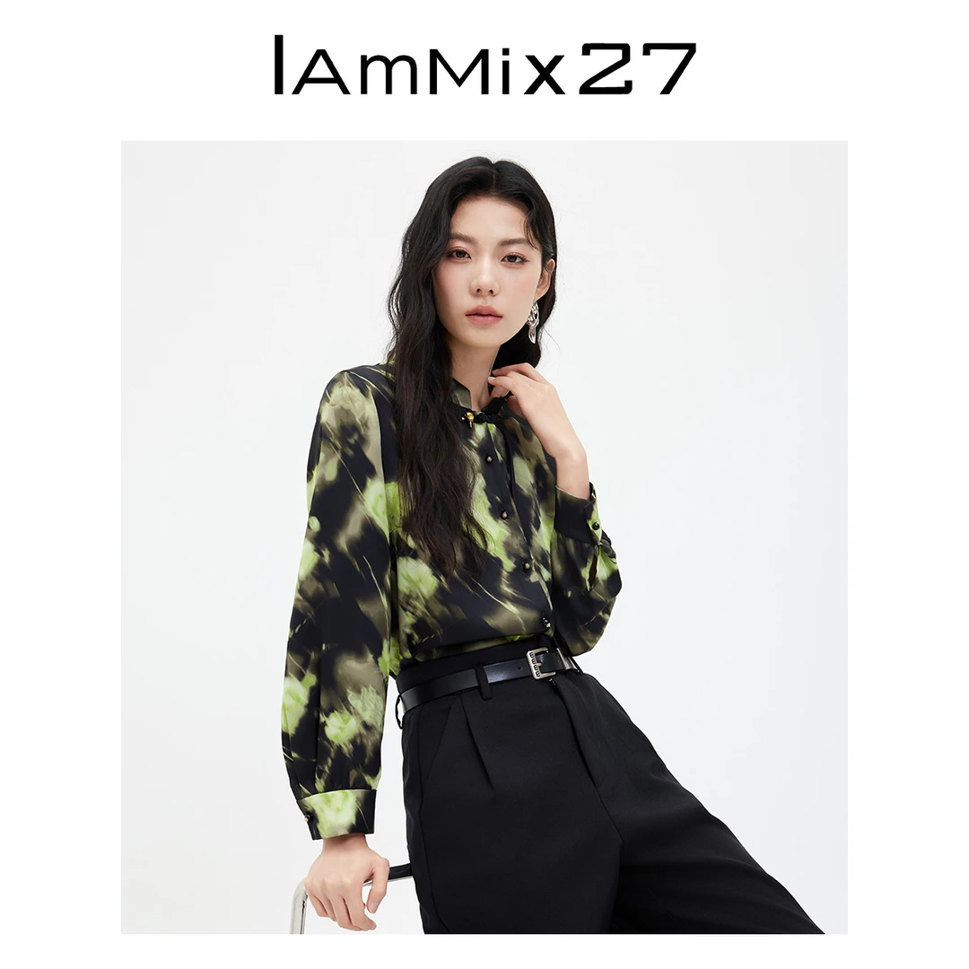 Iammix27国风立领长袖薄款水墨印花新中式盘口衬衣女宽松M4C2291