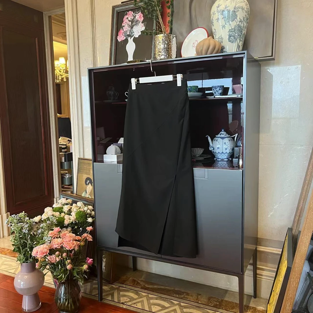 MYL 2024夏季新品羊毛混纺黑色半身裙中腰直筒纯色拼接休闲半裙