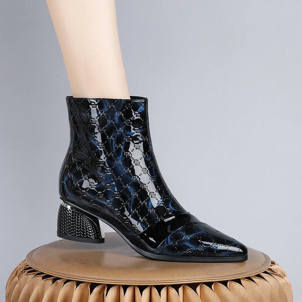 妮彩诗2023年欧美粗跟女优雅气质中跟工作鞋不累脚短靴8642