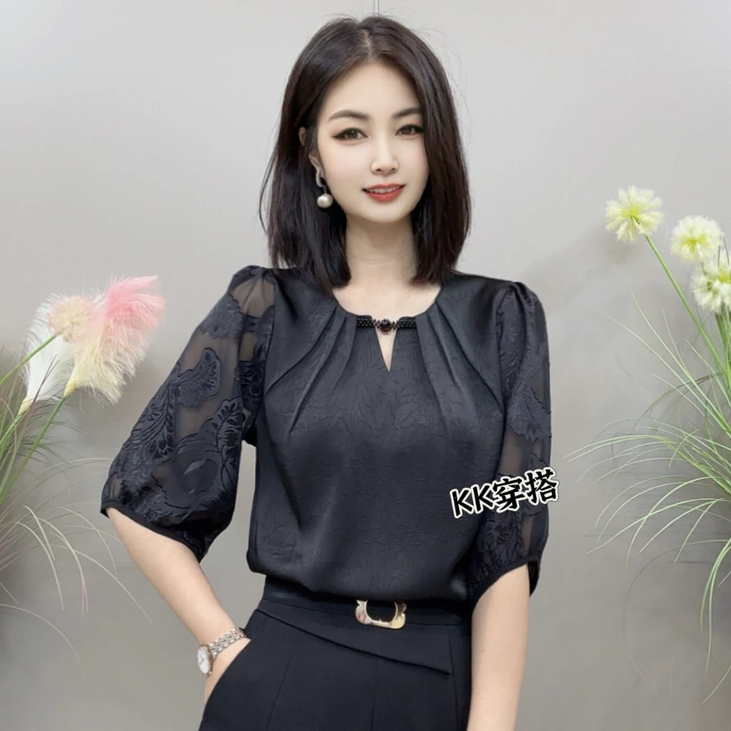 【KK】LLH2572春夏上新时尚盘扣领五分袖气质百搭衬衫