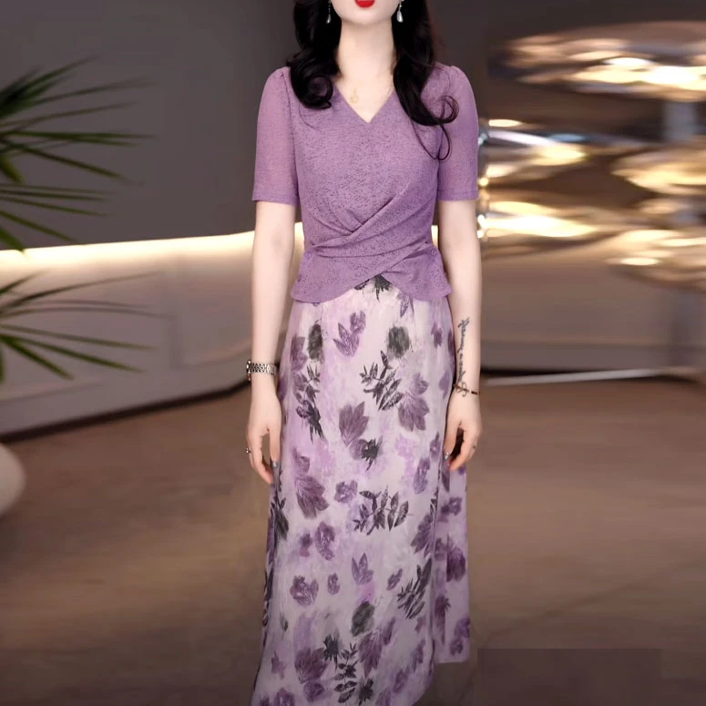 时尚气质冰丝提花缎简约假两件连衣裙2025夏季新款修身优雅裙子女