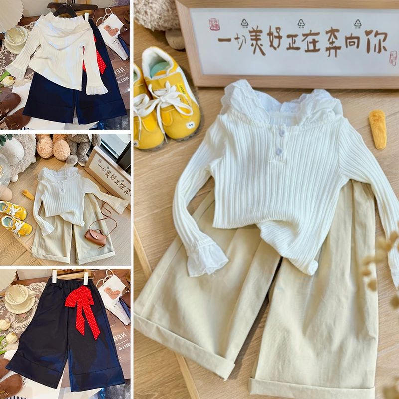 【场仔】女童套装秋款韩版洋气连帽蕾丝长袖上衣休闲裤两件套31135