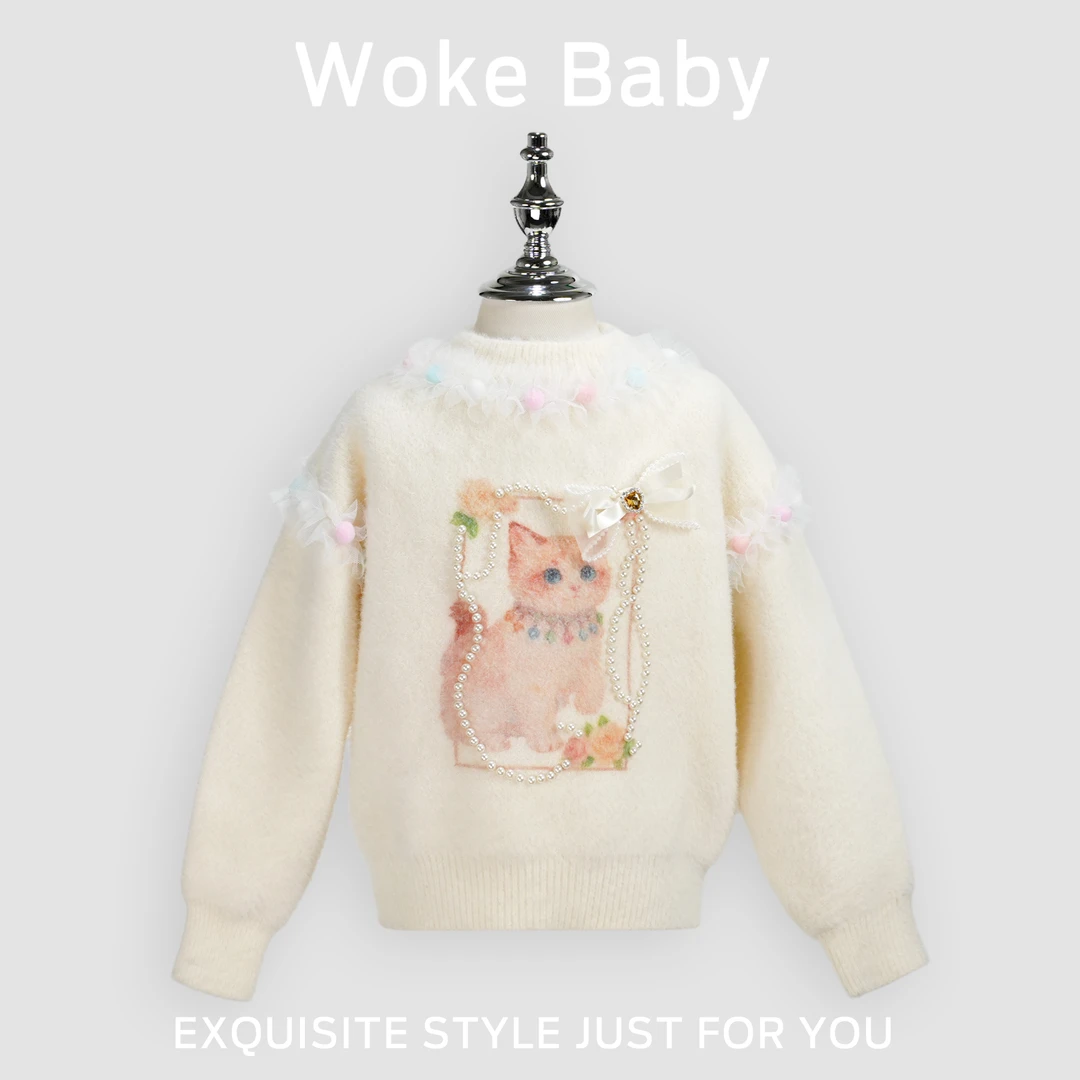 女童秋冬甜美猫咪加厚毛毛针织衫软糯毛衣汉服W5068