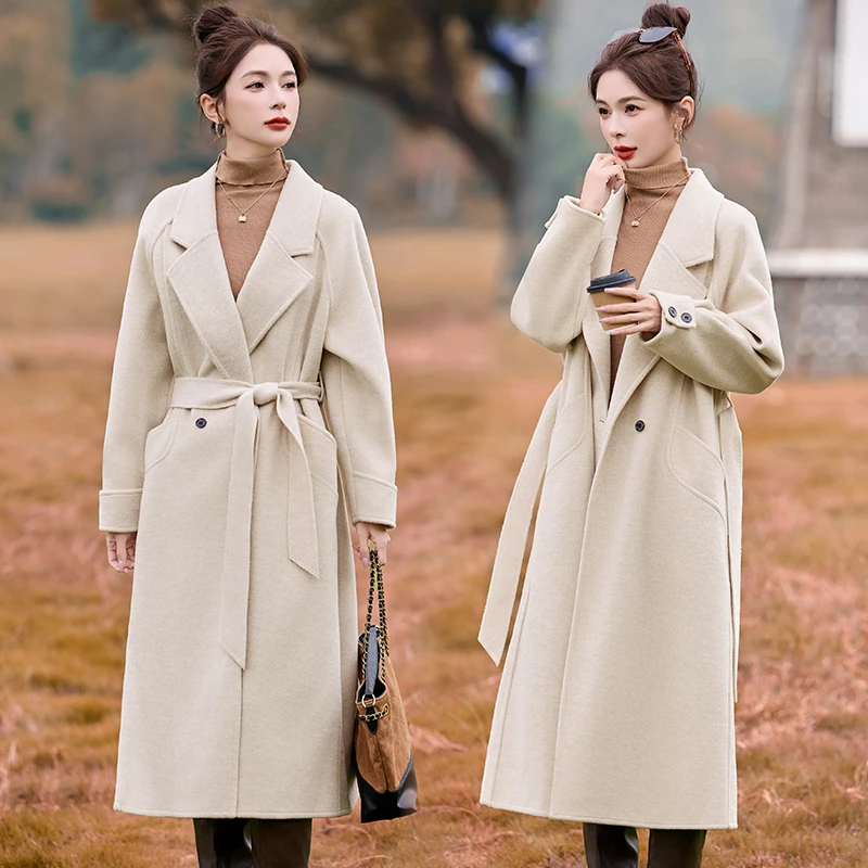 女毛呢系带外套加厚羊毛大衣2025秋冬新款时尚韩版毛呢小个子气质