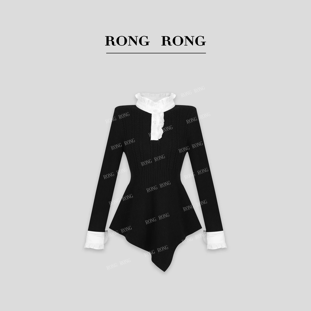 溶溶J【巴黎暮歌】RONGRONG 法式复古拼接麻花辫织收腰毛衣裙 YJ11