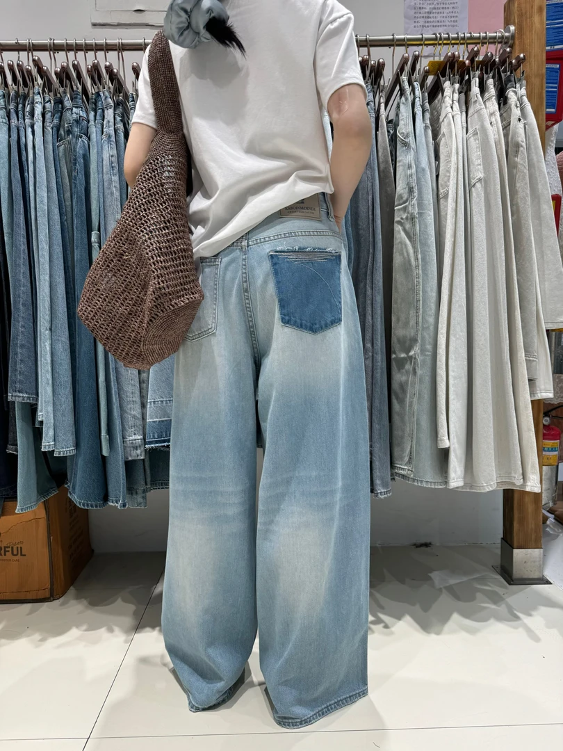 卡布85263牛仔裤女2025夏季新款高腰显瘦甩裤BK显瘦撞色大阔腿裤