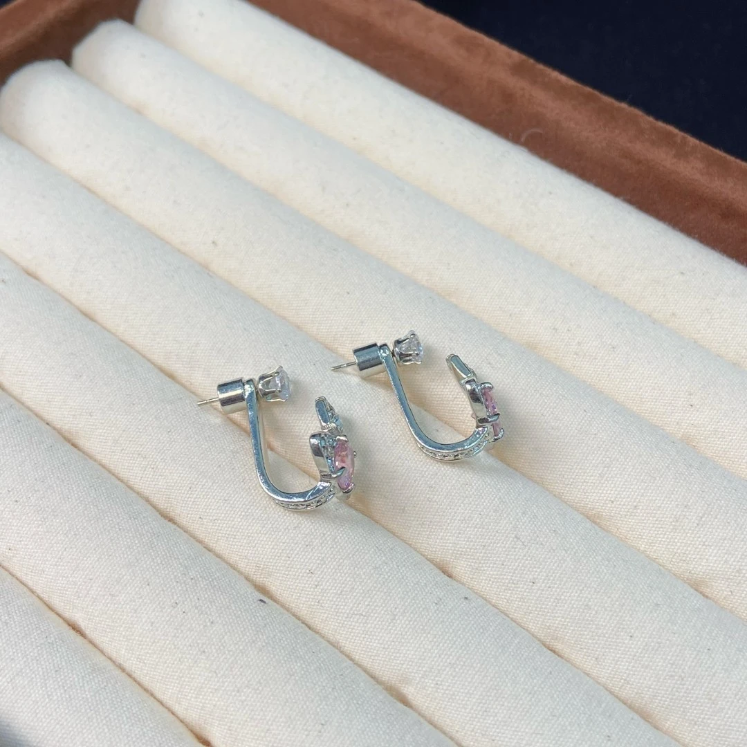 钛钢玻璃耳饰 粉色u型耳环 -010新款时尚经典气质复古百搭款