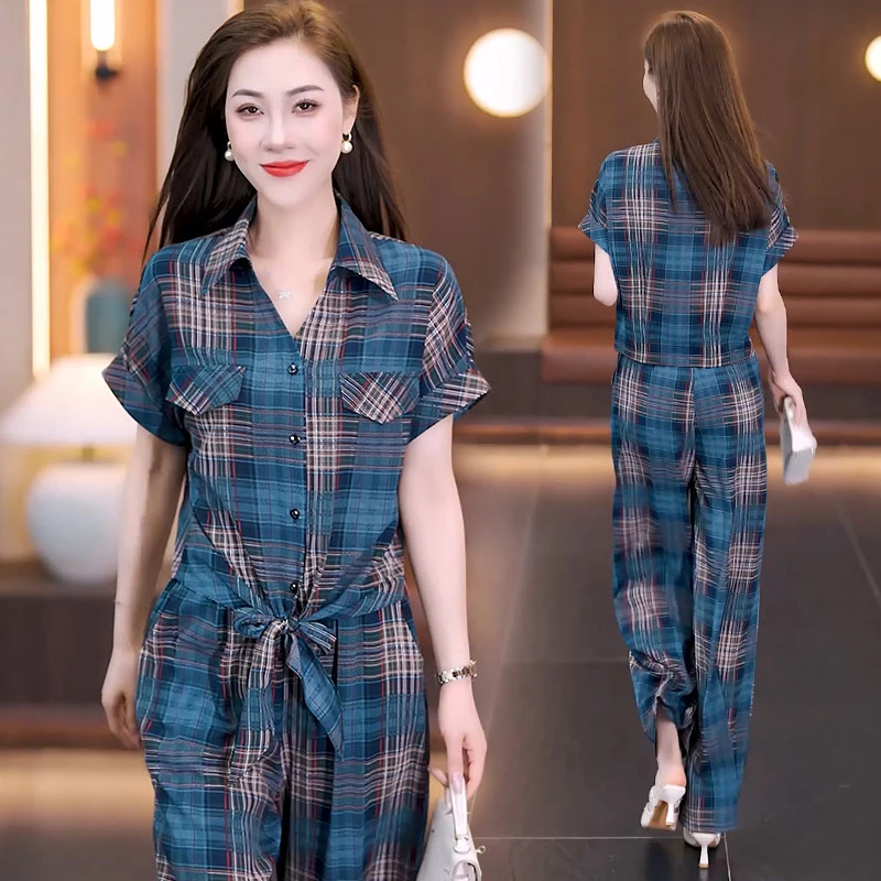 阔腿套装女洋气减龄显瘦2025新款收腰遮肚子松紧头格子休闲两件套