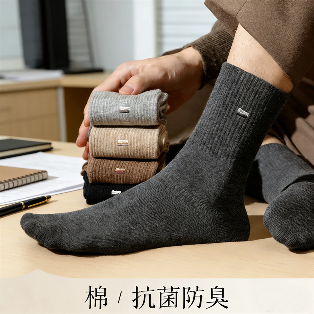 男士高级感棉袜子 简约风格纯棉中筒袜 黑色秋冬季吸汗防臭抑菌