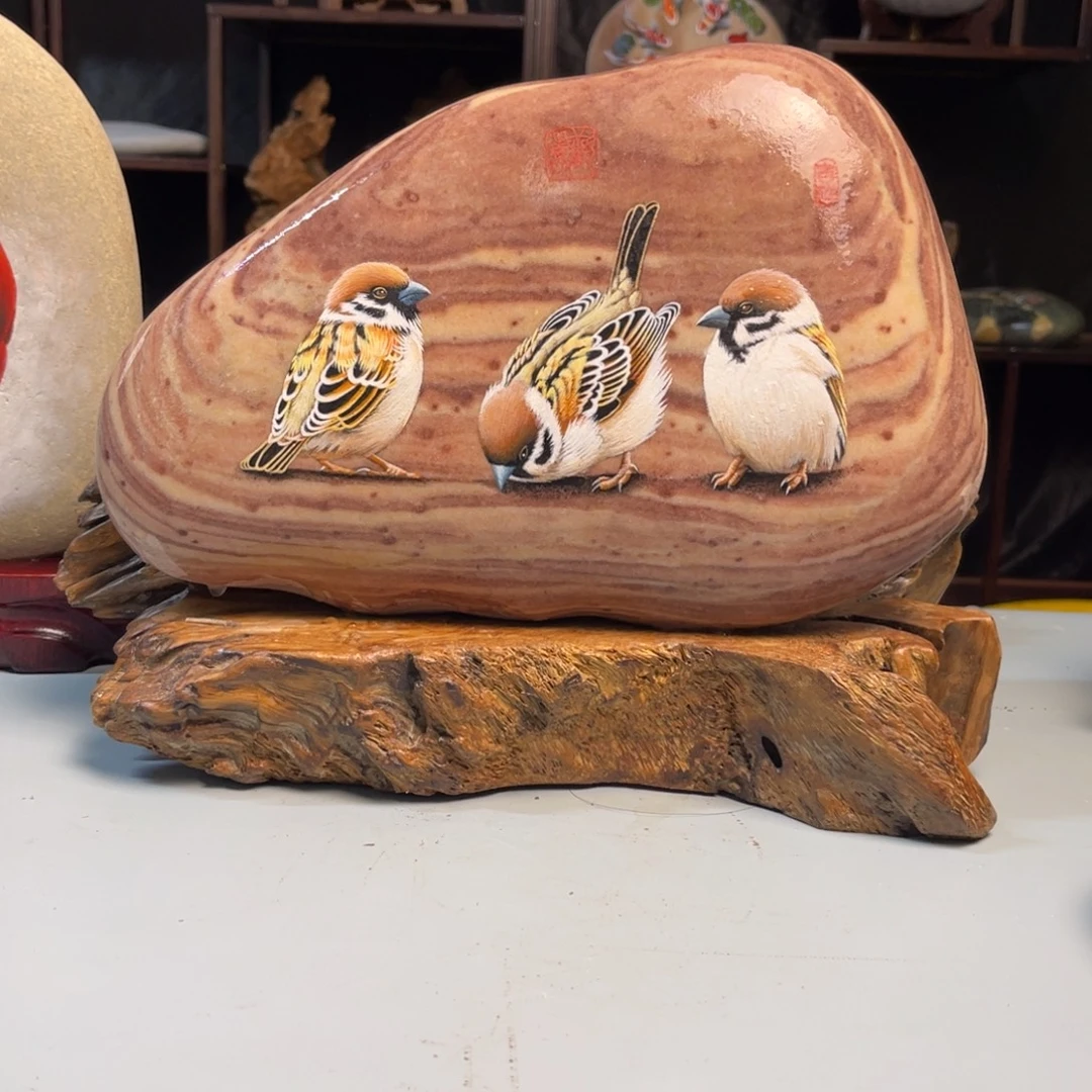 石材三麻雀 家居摆件