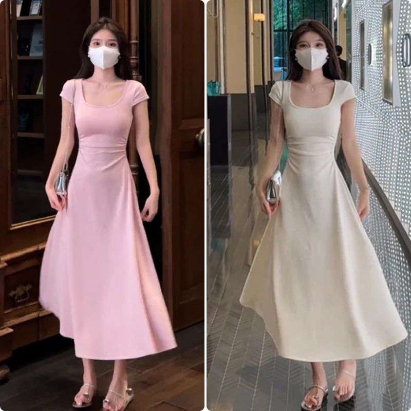 【冰粉】方领显瘦短袖连衣裙高腰法式修身轻奢方领纯色收腰针织长裙