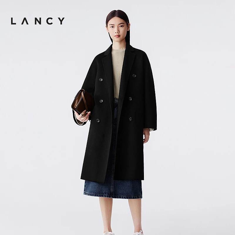 【100%羊毛】LANCY/朗姿2025冬新款双面呢长款大衣黑色毛呢外套女