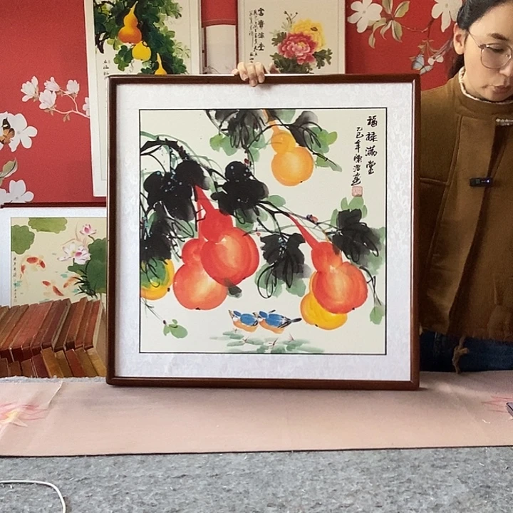 国画手写手绘带框包邮国画作品62✖️62